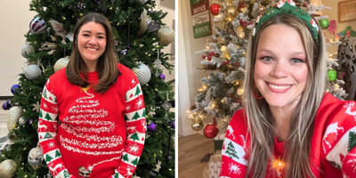 Christmas Sweaters Alyssa M. and Emily